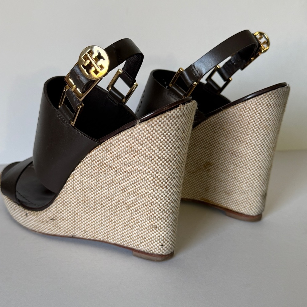 Tory Burch Kimberly Brown Leather Platform Wedge Buckle Strappy Sandals Size 7.5 - Picture 9 of 14